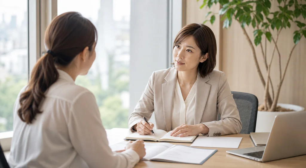 交接情境示意：兩位工作人員核對桌上的文件